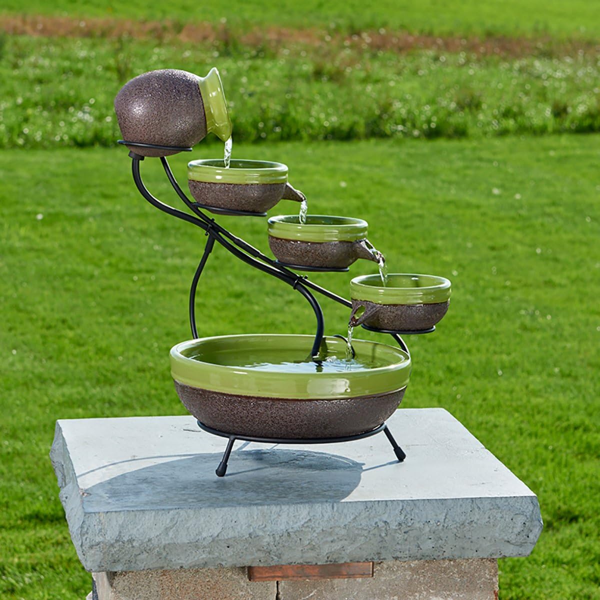 Smart Solar 23963R01 Solar-Powered 4-Tier Cascading Fountain, Kiwi And Rustic Brown, Powered By A Separate Included Solar Panel Along With a 10-Foot Cable