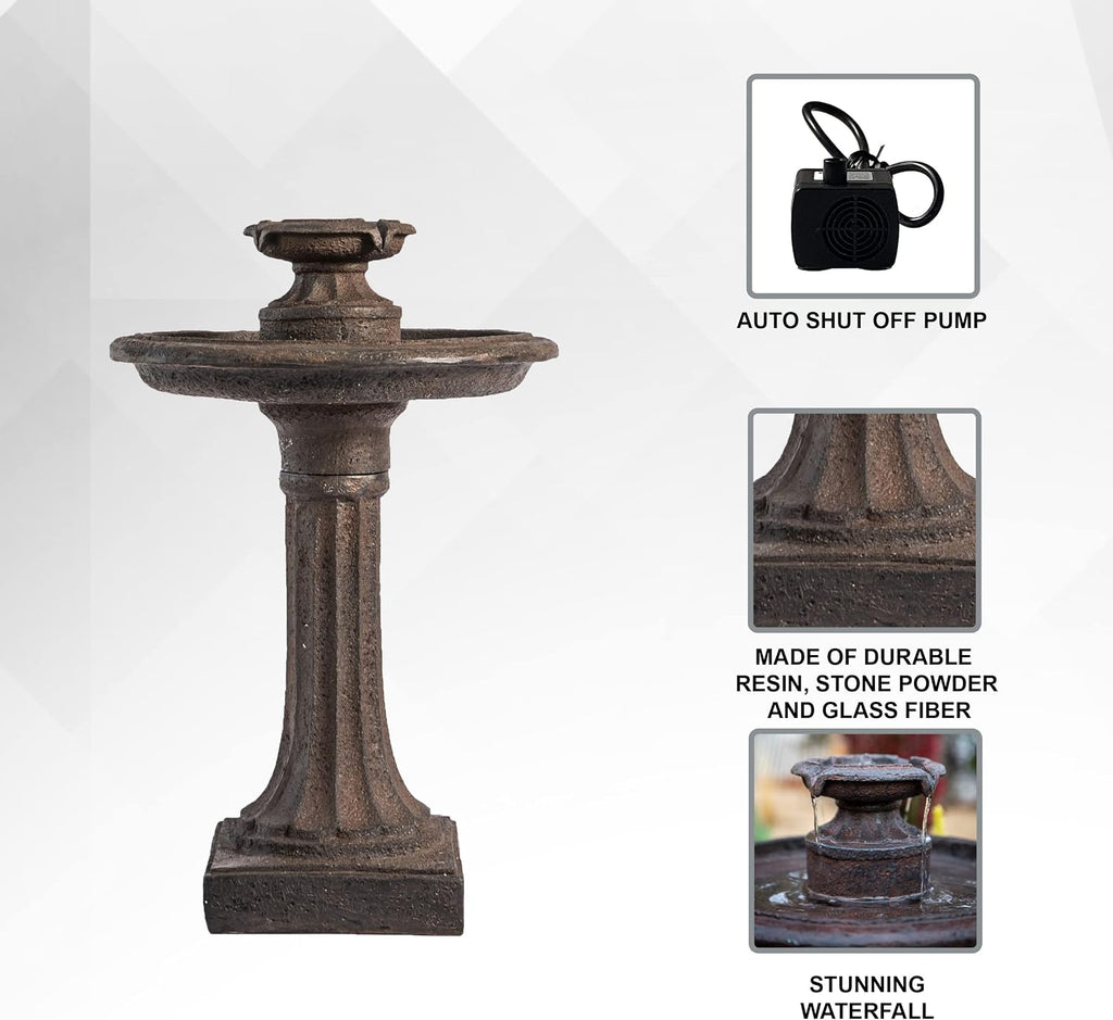XBrand 28' Tiered Freestanding Classic Bird Bath Outdoor Water Fountain with Auto Shut-Off Pump, Brown