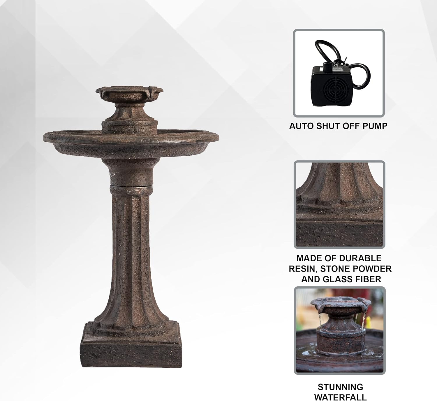 XBrand 28' Tiered Freestanding Classic Bird Bath Outdoor Water Fountain with Auto Shut-Off Pump, Brown