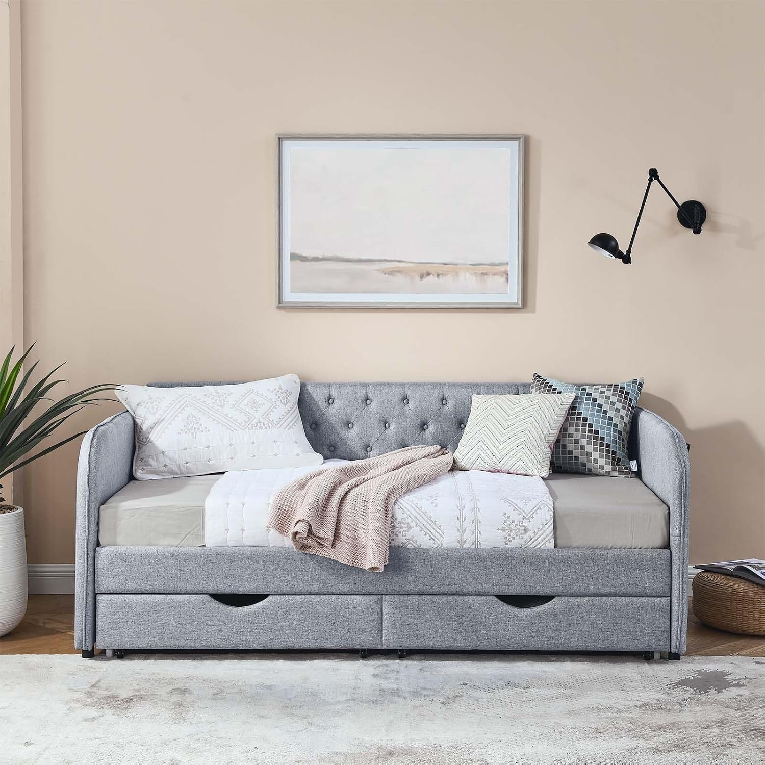 Antetek 80.5' Daybed with Drawer, Modern Button Tufted Linen Day Bed with Trundle Bed Twin to King, Upholstered Daybed Frame w/Storage Pocket for Bedroom, Living Room, No Box Spring Needed, Grey