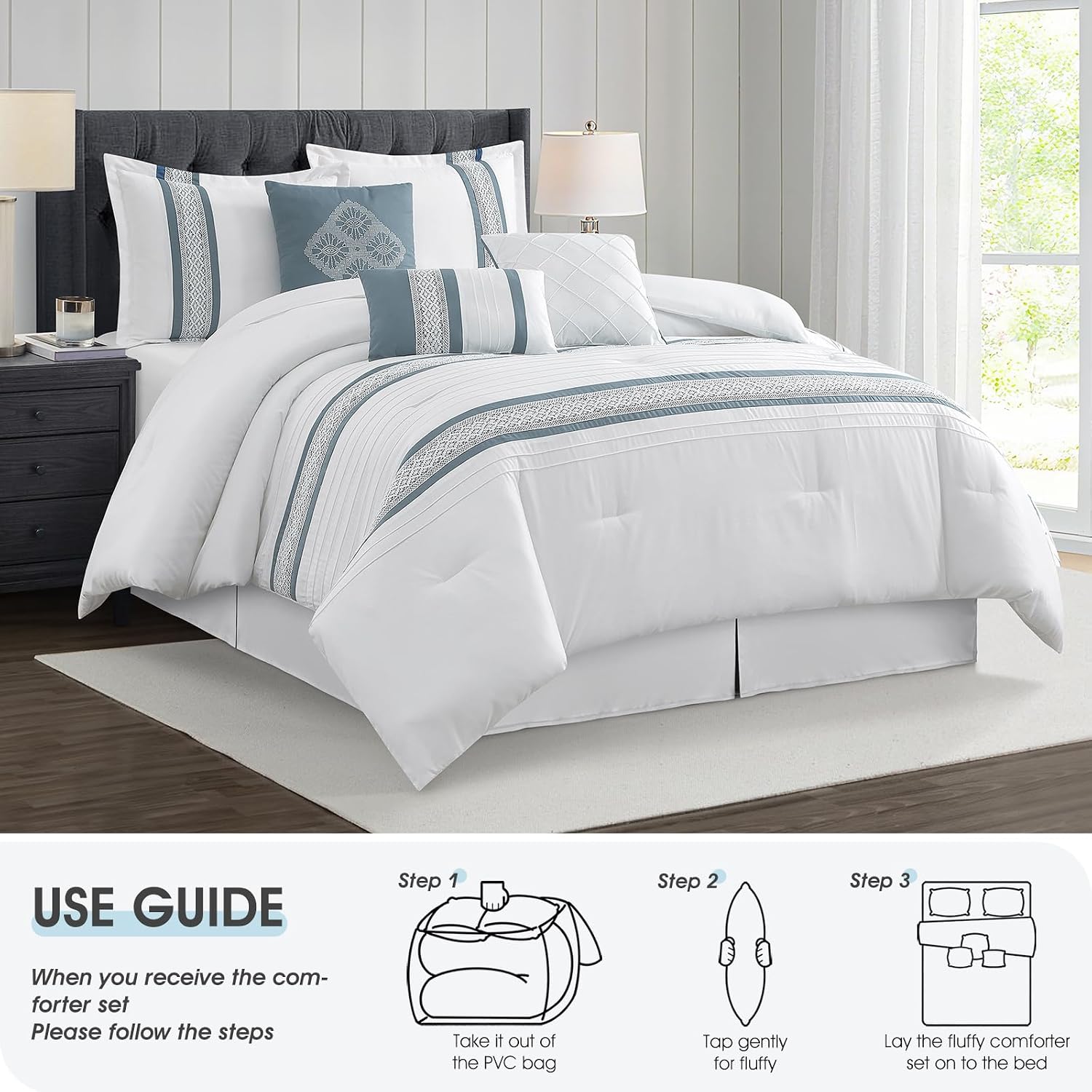 LANCO MODERN LIFESTYLE 7 Piece Comforter Set, Blue White, Queen Size, Boho Style Geometric Microfiber Embroidery, Bed in a Bag with Bedskirt, Pillow Shams and Decor Pillows