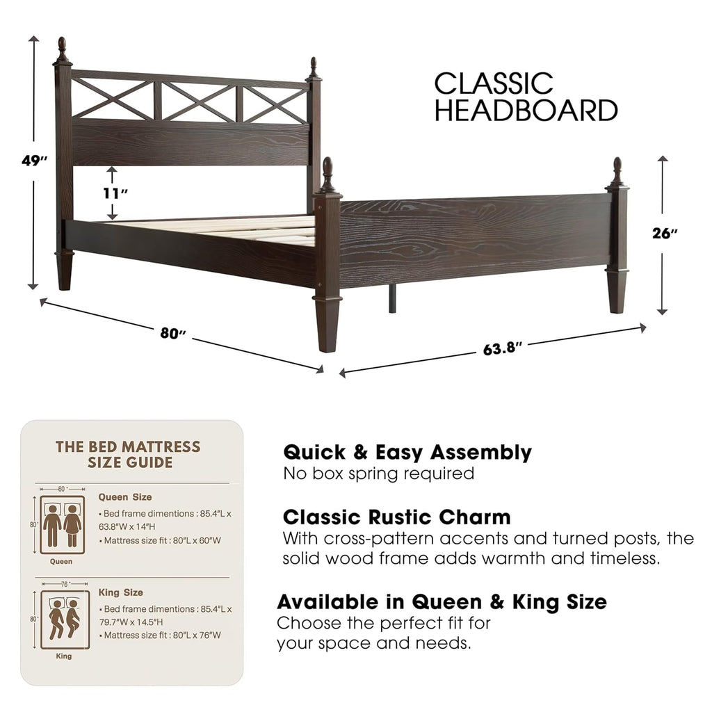 Queen Size Bed Frame with Headboard & Footboard, Solid Wood Platform Bed, Central Metal Legs, 12 Sturdy Slatted Base, Noise-Free & Anti-Slip, No Box Spring Needed, Dark Roast Oak Finish RIQ-32