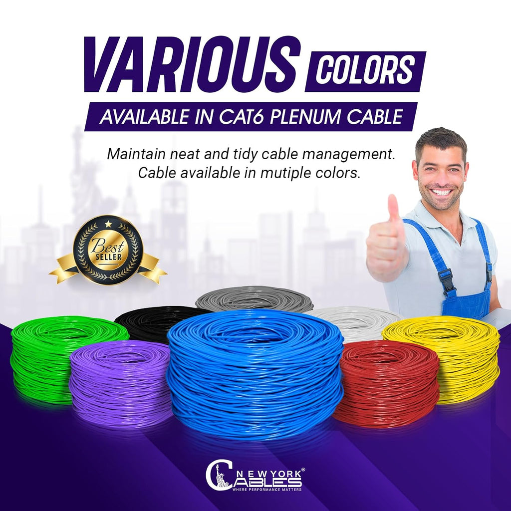 Newyork Cables | CAT6 Plenum Cable 1000ft | 23AWG, UTP 4Pairs, 550MHz 10Gbps Most Certified (CMP) Rated | Fire-Retardant Jacket | Bulk Cat 6 Ethernet Cable for Networking (Solid Conductor, Blue)