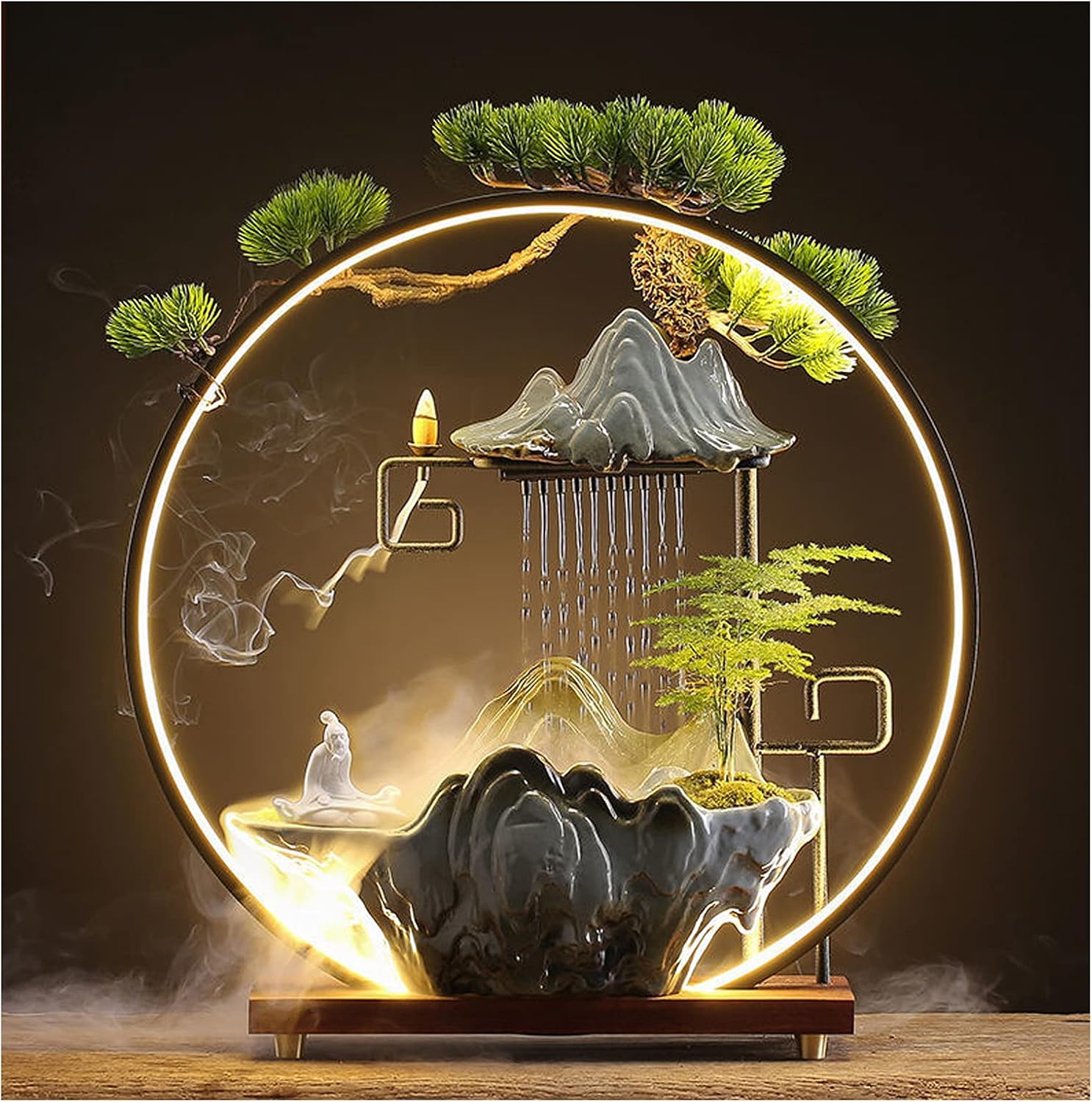 Elder Tabletop Indoor Water Fountains Waterfall with LED Light Zen Decor for Meditation with Mist Japanese Decor with Fake Plants Feng Shui Decoration for Good Luck Wealth