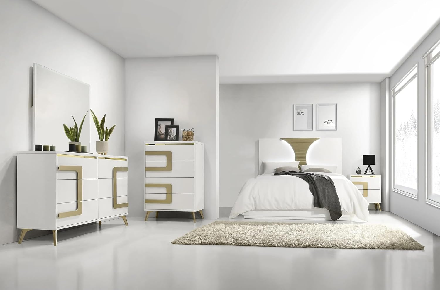 KB Designs – 5-Piece Bedroom Set with Bed LED Headboard, Dresser with Mirror, Chest and Nightstand, Modern White and Gold Finish, King Size Bed