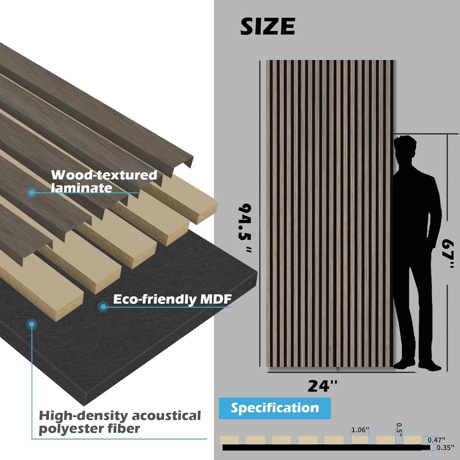 Art3d 2-Pack 94.5' x 24' Acoustic Wood Panels for Wall, 31 sq.ft Soundproof Wood Slat Panels, 3D Fluted Sound Absorbing Paneling for Interior Wall Decor, Living Room, Bedroom - American Walnut