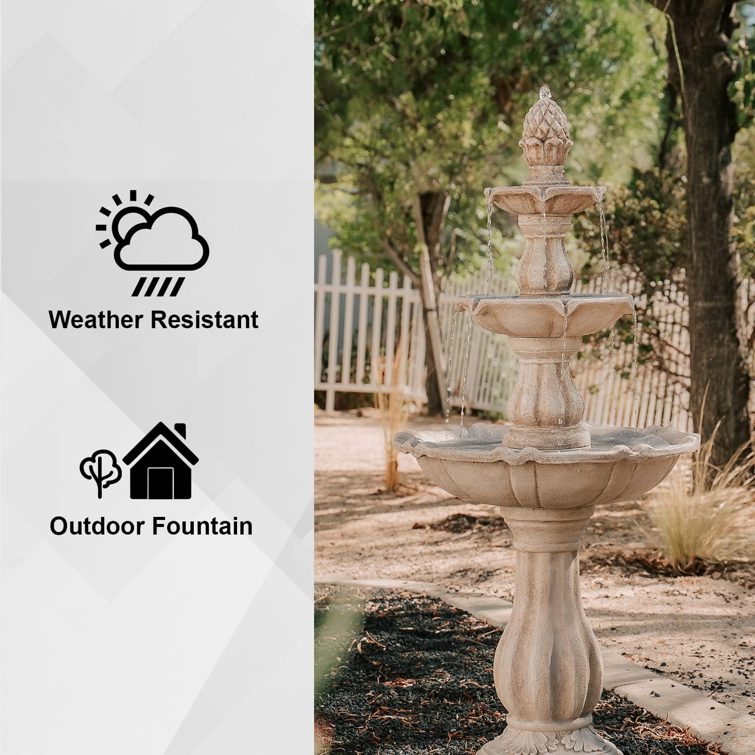 XBrand 51' 3-Tier Outdoor Freestanding Waterfall Fountain with Pump and Pineapple Finial, Beige