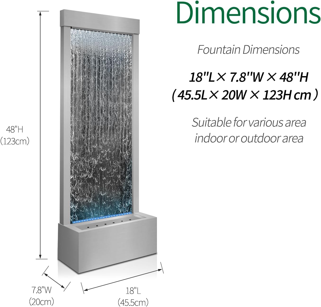 LONGRUN 48' Mirror Waterfall | Indoor Water Fountain with 7-Color LED Lights | Stainless Steel Self-Contained Waterfall Fountain for Home Decor | Large Indoor Water Feature Kit Mirrored Silver