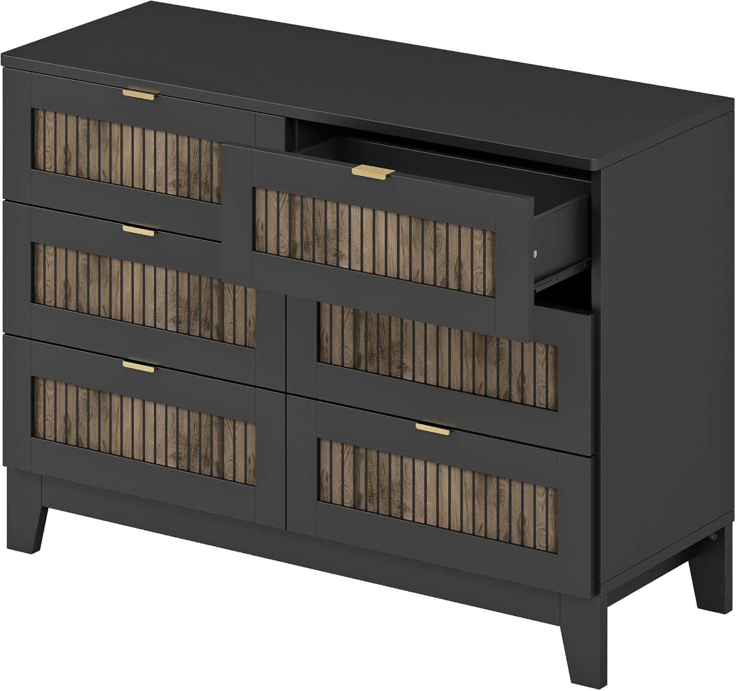 4-Pieces Bedroom Sets, Queen Size Farmhouse Platform Bed with Wooden Strip Decoration, 2 Storage Nightstands and A 6-Drawer Dresser with Metal Handle for Kids Teens, Black