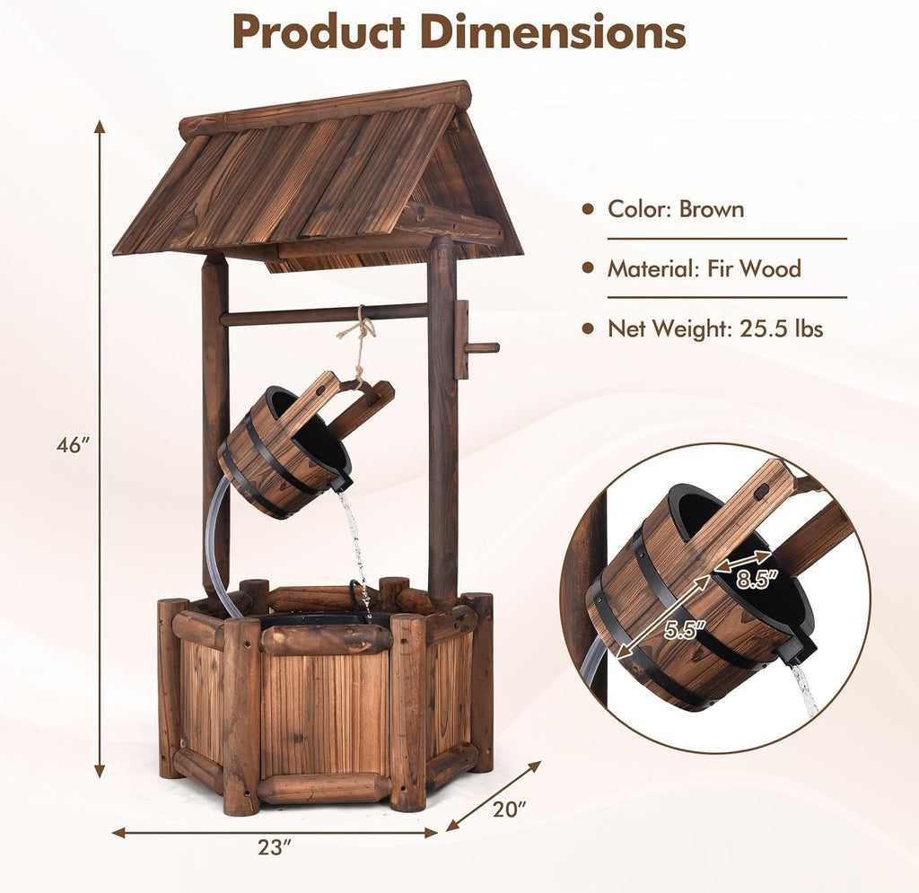 Tangkula Outdoor Wishing Well Water Fountain, Old-Fashioned Wood Waterfall Fountain w/Bucket Pump, Rustic Farmhouse Decoration for Garden, Backyard, 46 Inch Tall (20' x 23' x 46')