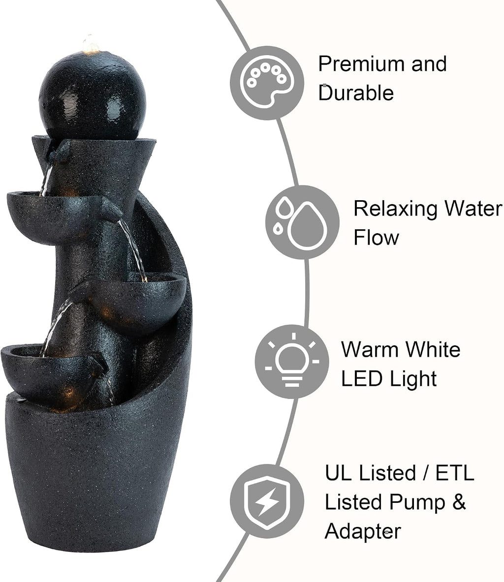 Glitzhome Outdoor Water Fountain with LED Light & Pump, Modern 5-Tier Bowl and Sphere Polyresin Outdoor Fountain, 33.5' Cascading Waterfall Fountain Water Feature for Porch Deck Patio Backyard Decor