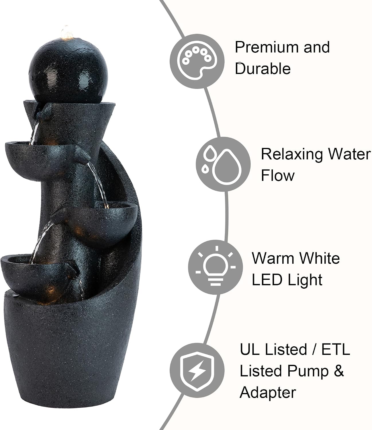 Glitzhome Outdoor Water Fountain with LED Light & Pump, Modern 5-Tier Bowl and Sphere Polyresin Outdoor Fountain, 33.5' Cascading Waterfall Fountain Water Feature for Porch Deck Patio Backyard Decor