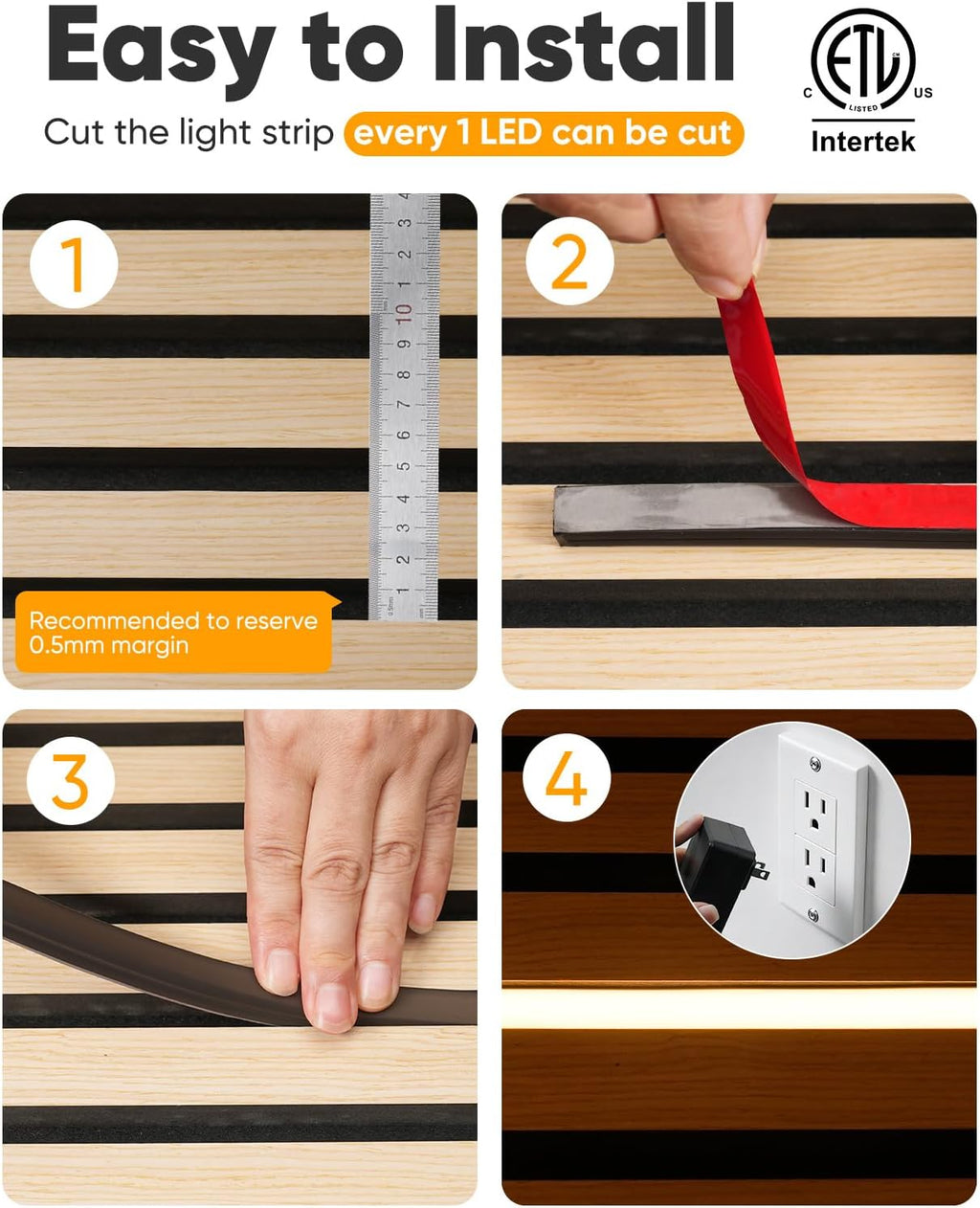 LED Recessed Light Kit, Flexible & Cuttable 3000K Warm White Retrofit Kit LED Light,Dimmable Self-Adhesive Strip Lights for Wood Slat Walls, Accent & Acoustic Panels (7.87ft),24V,UL Listed