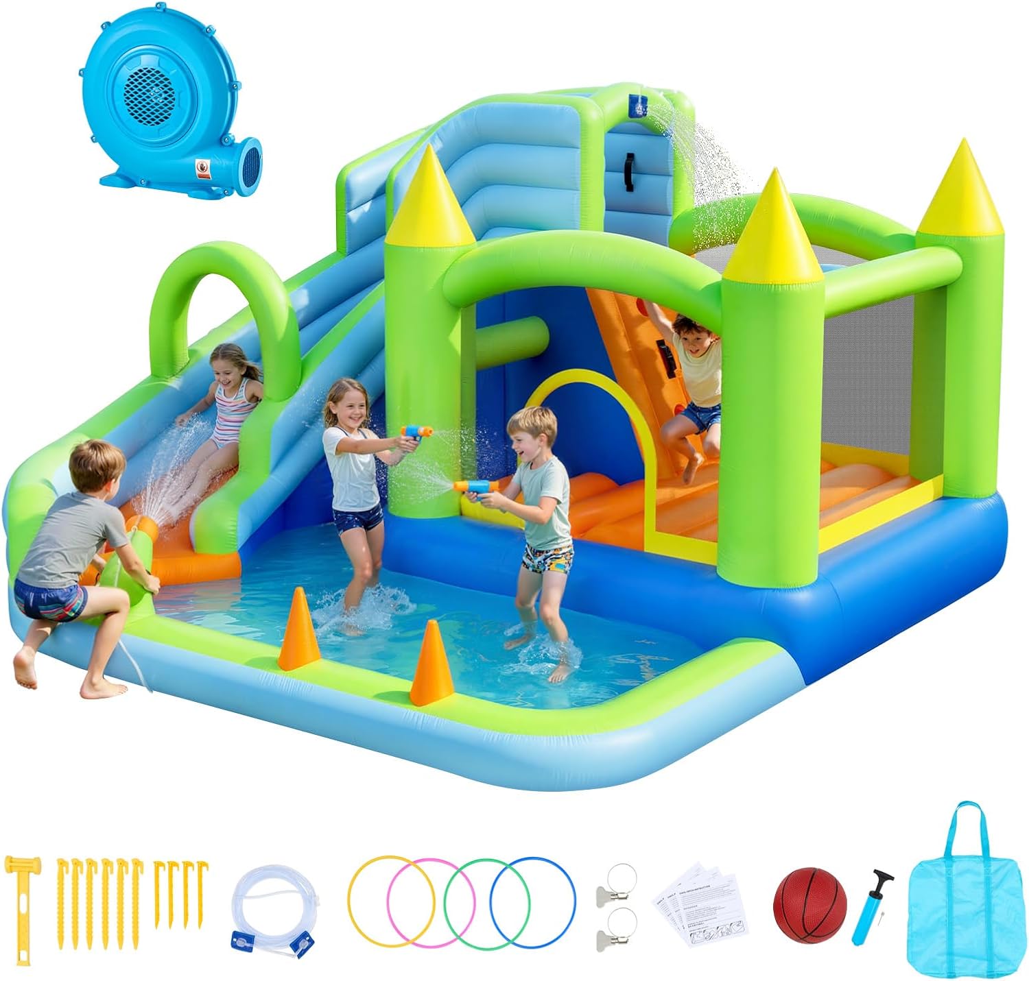 VEVOR Inflatable Water Slide Bounce House with Blower, Compact 5-in-1 Kids Bouncy Castle with Slide Splash Pool Climbing Wall Basketball Hoop & Bounce Area for Kids