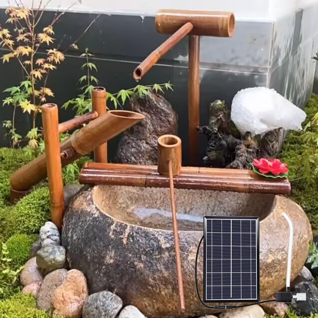 Indoor Outdoor Bamboo Fountain, Bamboo Traditional Japanese Rocking Water Fountain, Zen Garden Decor with Water Pump, 6W Solar Panel, 2M Tube, for Garden Terrace Pond