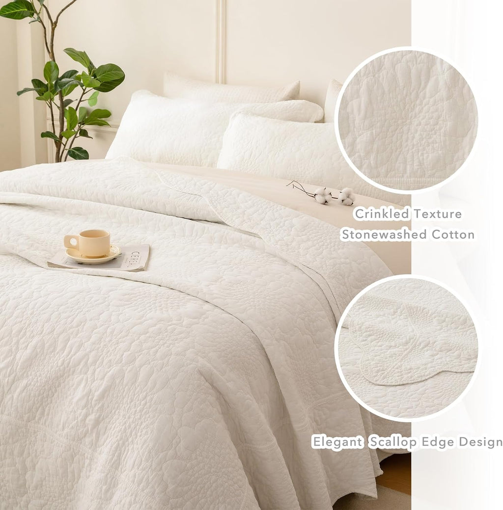 QSH Milk White Stonewashed Cotton Oversized King Bedspread (128'x120'),3PCs Farmhouse Rustic Wave Pattern Quilt California King, Soft Lightweight Crinkled Quilt Coverlet Bedding with Pillow Shams