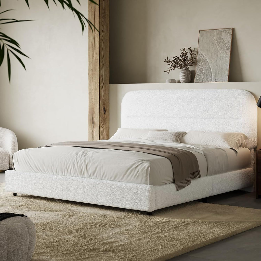 HOMBCK Queen Size Boucle Bed Frames, Upholstered Bed Frame Queen Size with Headboard, Soft Cloud Bed with Thickened Footboard, Rounded Corners, No Box Spring Needed, Easy Assembly, White