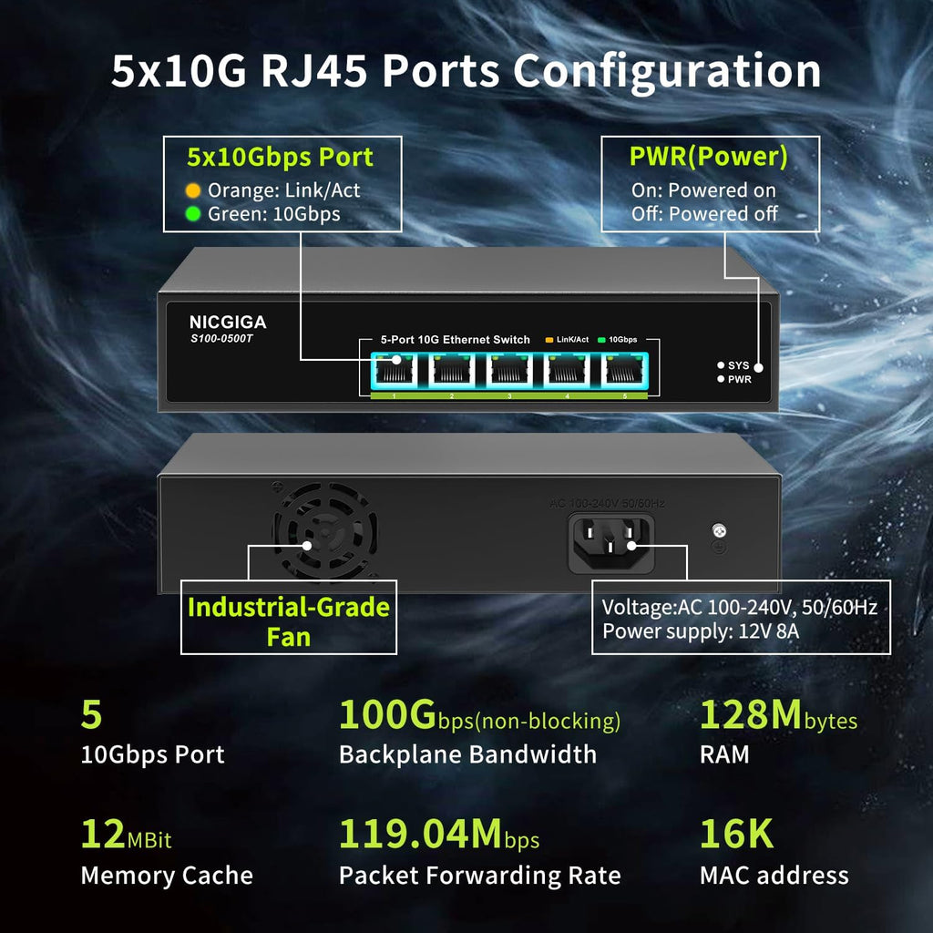 5 Port 10G Ethernet Switch Unmanaged,with 5X 10Gb Base-T RJ45 Ports, NICGIGA 10Gbps Network Switch Easy for 10G NAS,PC,WiFi7 Router,10G Adapter/NIC. Desktop or 19-inch Rack Mount, Plug and Play.