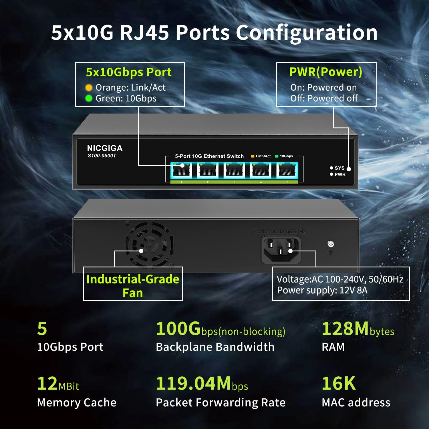 5 Port 10G Ethernet Switch Unmanaged,with 5X 10Gb Base-T RJ45 Ports, NICGIGA 10Gbps Network Switch Easy for 10G NAS,PC,WiFi7 Router,10G Adapter/NIC. Desktop or 19-inch Rack Mount, Plug and Play.