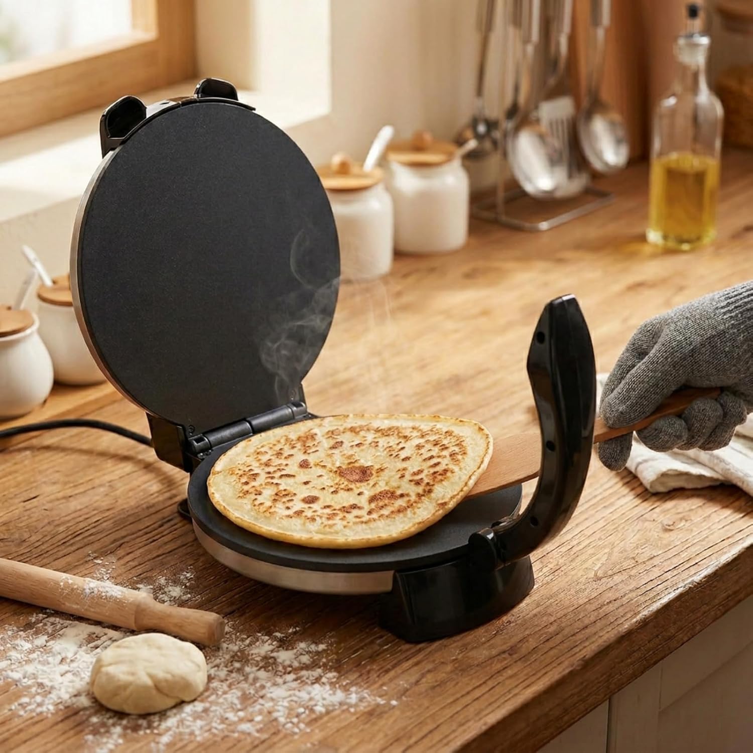 Mumusuki 10in Electric Tortilla Maker, Knob Temperature Control Non Stick Roti Maker with Stainless Steel Cover for Home Shop Restaurant 110V US Plug