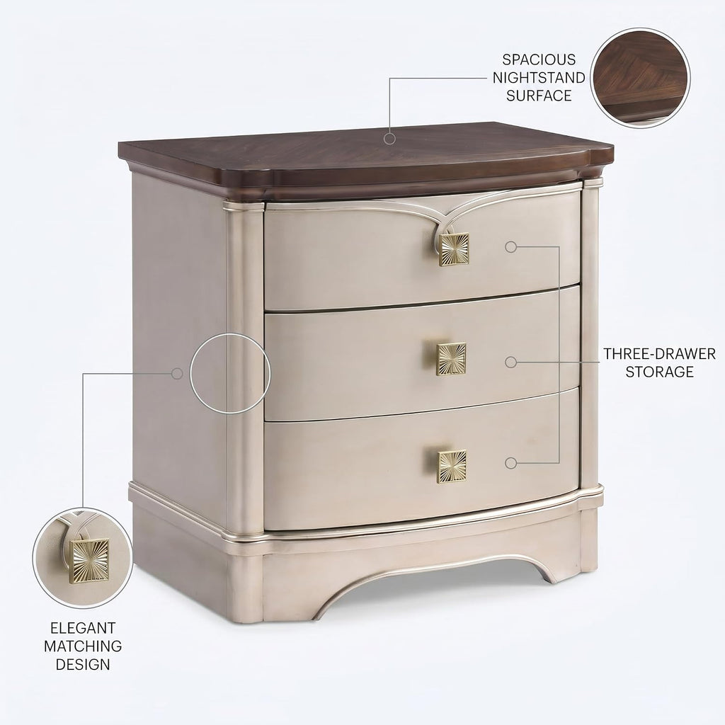 First of a Kind Traditional Wood Nightstand - Curved Frame, Carved Detailing, 28-Inch Wide - Classic European Style Bedroom Furniture with Soft Champagne Finish