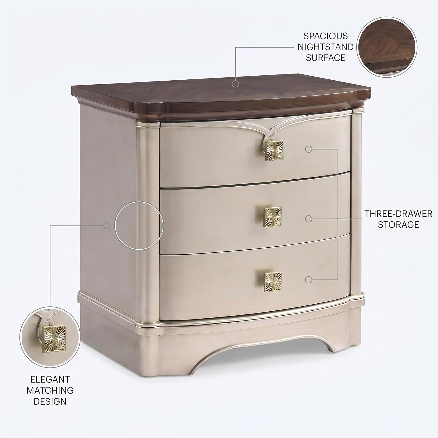 First of a Kind Traditional Wood Nightstand - Curved Frame, Carved Detailing, 28-Inch Wide - Classic European Style Bedroom Furniture with Soft Champagne Finish