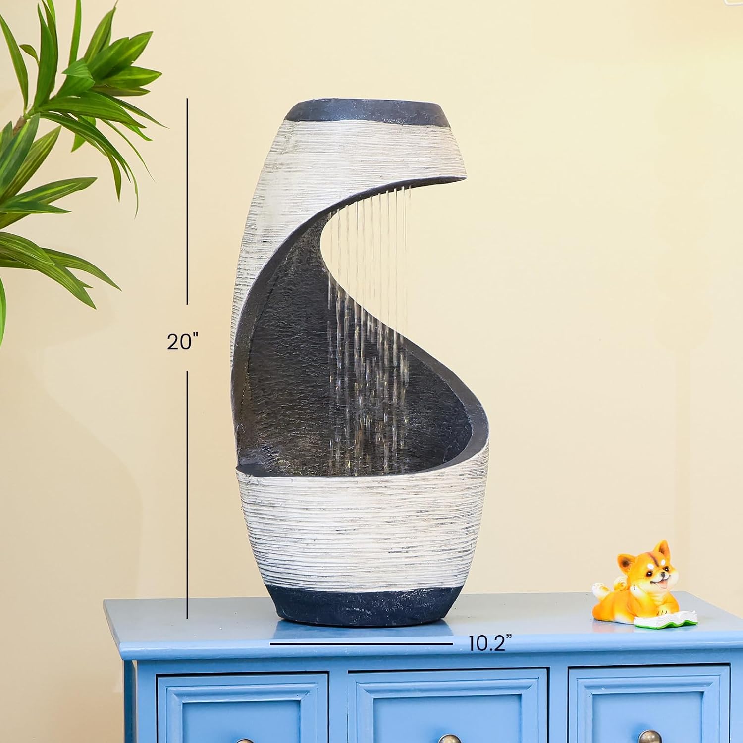 Modern Free Standing Water Fountain, Spiral Indoor Water Feature Waterfall for Patio, Balconies, Lawns, Desk 20' H Garden Fountain with Cascading Waterfall and LED Light, Home Decor