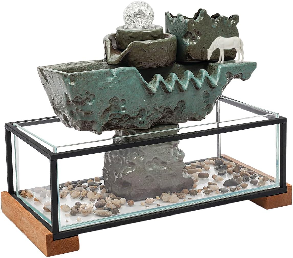 Modern Tabletop Water Fountain with LED Lights,Crystal Ball and Fish Tank, Decorative Indoor Fountain for Home Office Use,Desktop Waterfall with Horse Carving for Relaxation