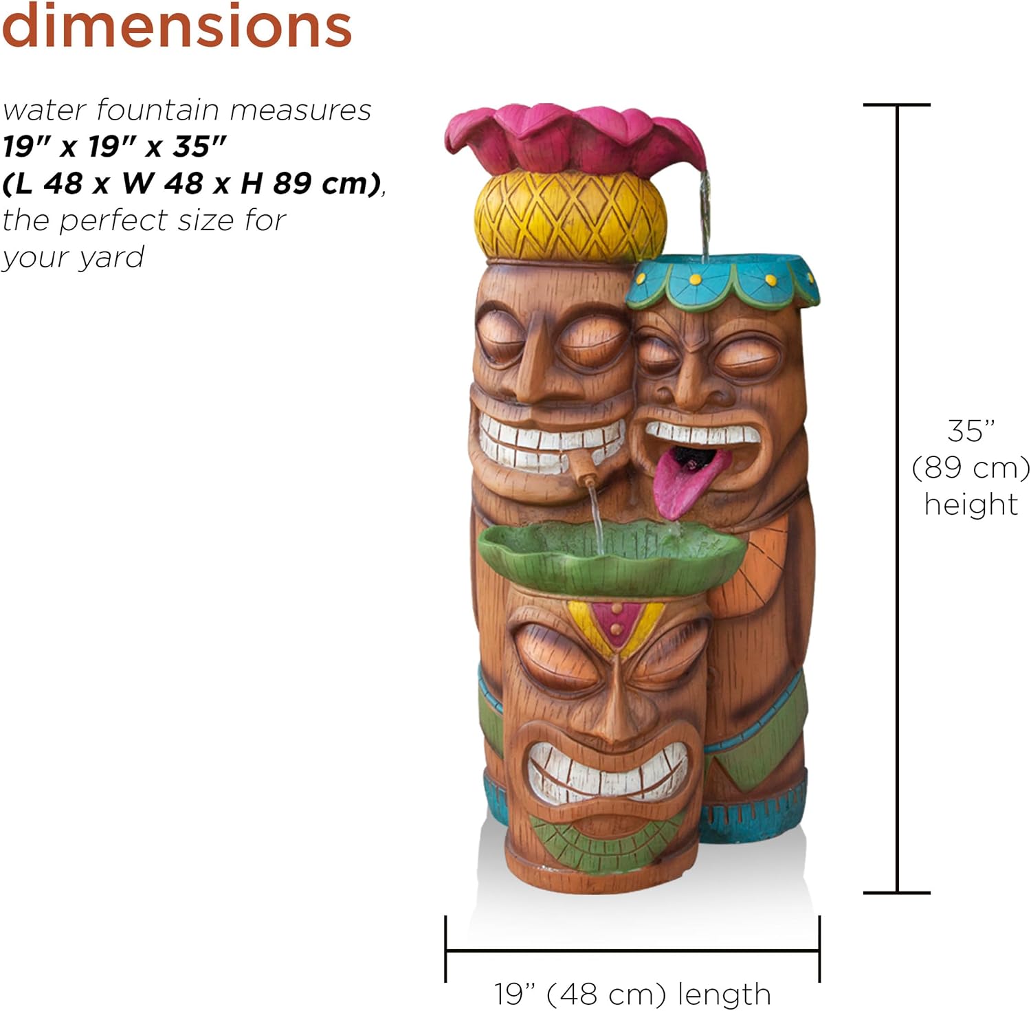 Alpine Corporation - 3-Tiered Colorful Tiki Head Water Fountain, Indoor/Outdoor Tropical Waterfall with LED Lights, for Garden, Patio, Yard, 35' H