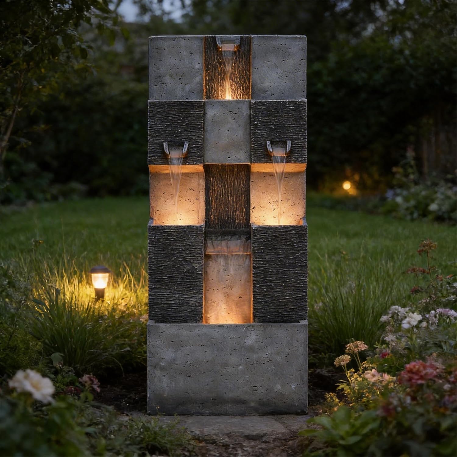 Sunlinua 45H Modern Grid Outdoor Water Fountain with LED Light Garden Cascading Waterfall Feature for Indoor or Outdoor Cascading Waterfall for Relaxing Garden Patio Backyard Deck Porch or Home Décor