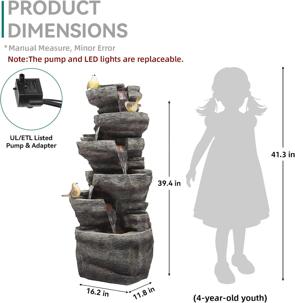 40' H Extra-Large Rock Outdoor Water Fountain with LED Lights, 6-Tier Cascading Stone Waterfall with Birds for Garden Patio Porch, Weather-Resistant Polyresin Water Feature for Tranquil Oasis