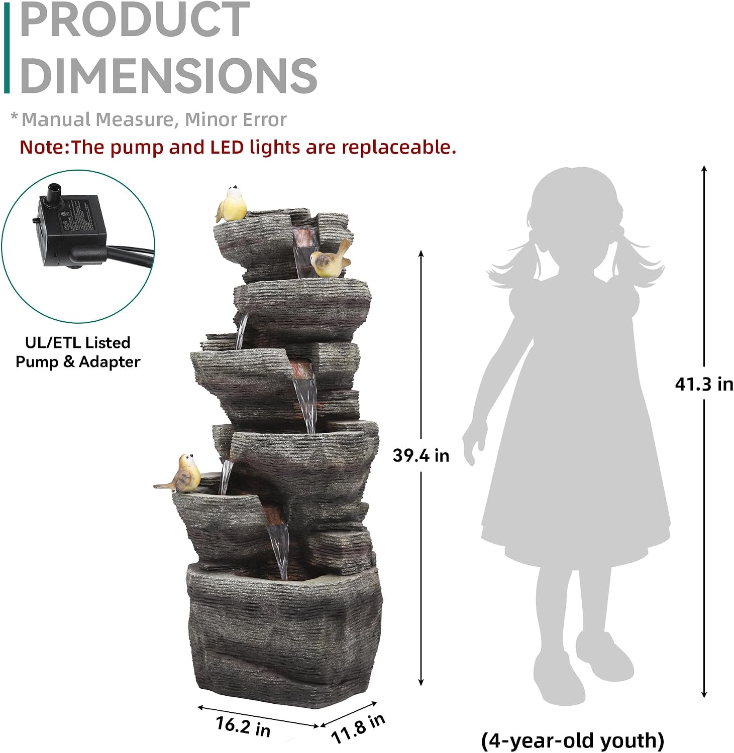 40' H Extra-Large Rock Outdoor Water Fountain with LED Lights, 6-Tier Cascading Stone Waterfall with Birds for Garden Patio Porch, Weather-Resistant Polyresin Water Feature for Tranquil Oasis