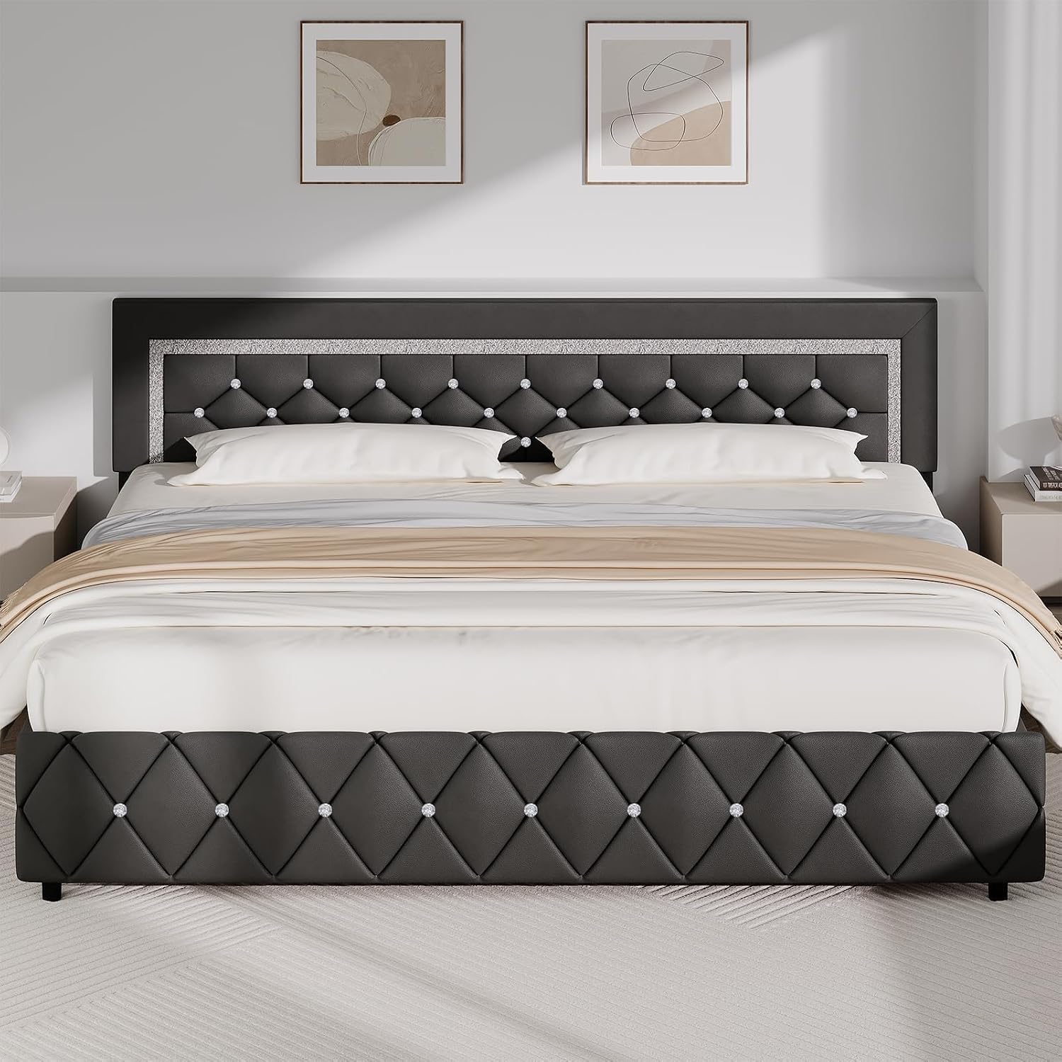 BarnFurin King Bed Frame with Diamond Tufted Headboard, Faux Leather Upholstered Bed with Wooden Slats Support, No Box Spring Needed, Mattress Foundation, Easy Assembly, Gray