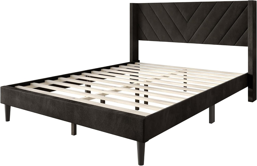 Twin Platform Bed Frame with Chevron-Stitched Wingback Headboard, Velvet Upholstery, No Box Spring Needed, Easy Assembly, Brown