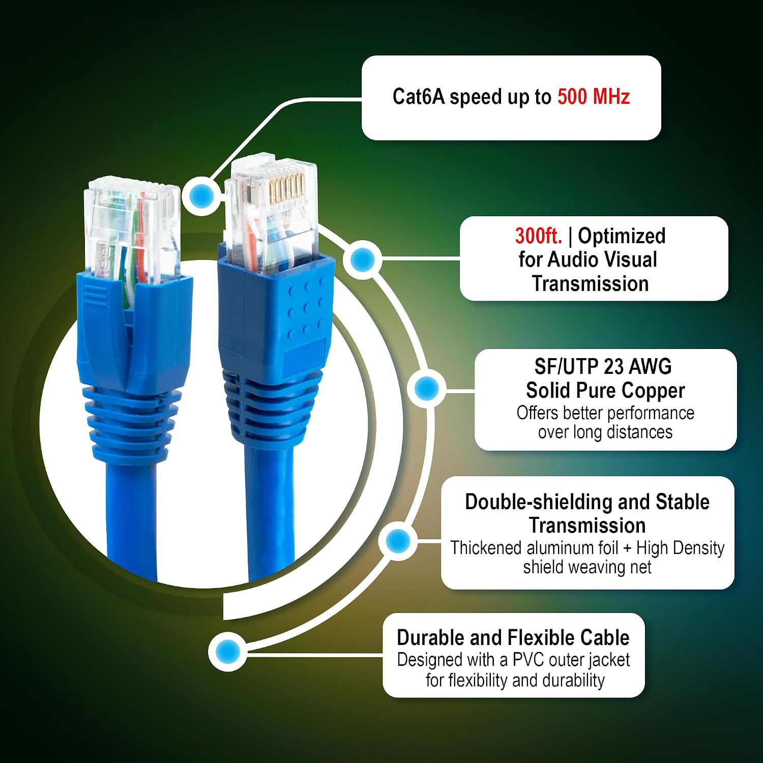 J-Tech Digital Cat 6A Ethernet Cable 300Ft. High Speed SF/UTP Solid Pure Copper 23AWG, RJ45 LAN Cable for Router Modem PC Gaming Audio/Video Transmission (JTECH-CAT6ASF-300)