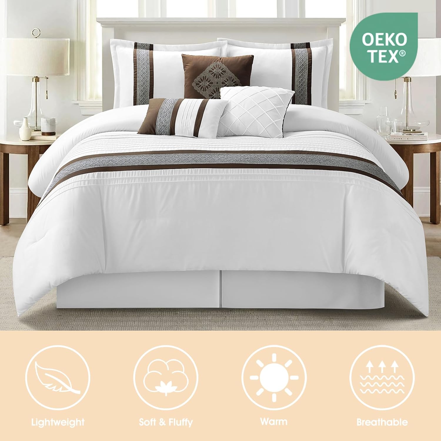 LANCO MODERN LIFESTYLE 7 Piece Comforter Set, Coffee White, Queen Size, Boho Style Geometric Microfiber Embroidery, Bed in a Bag with Bedskirt, Pillow Shams and Decor Pillows
