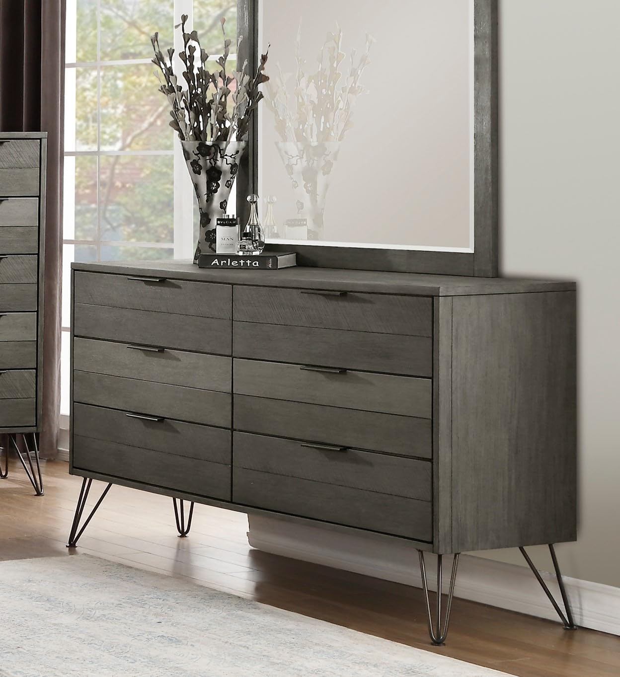 5-Piece Modern Queen Size Bed Set Panel Gray Finish Solid Acacia Wood Metal Legs Bedroom Furniture