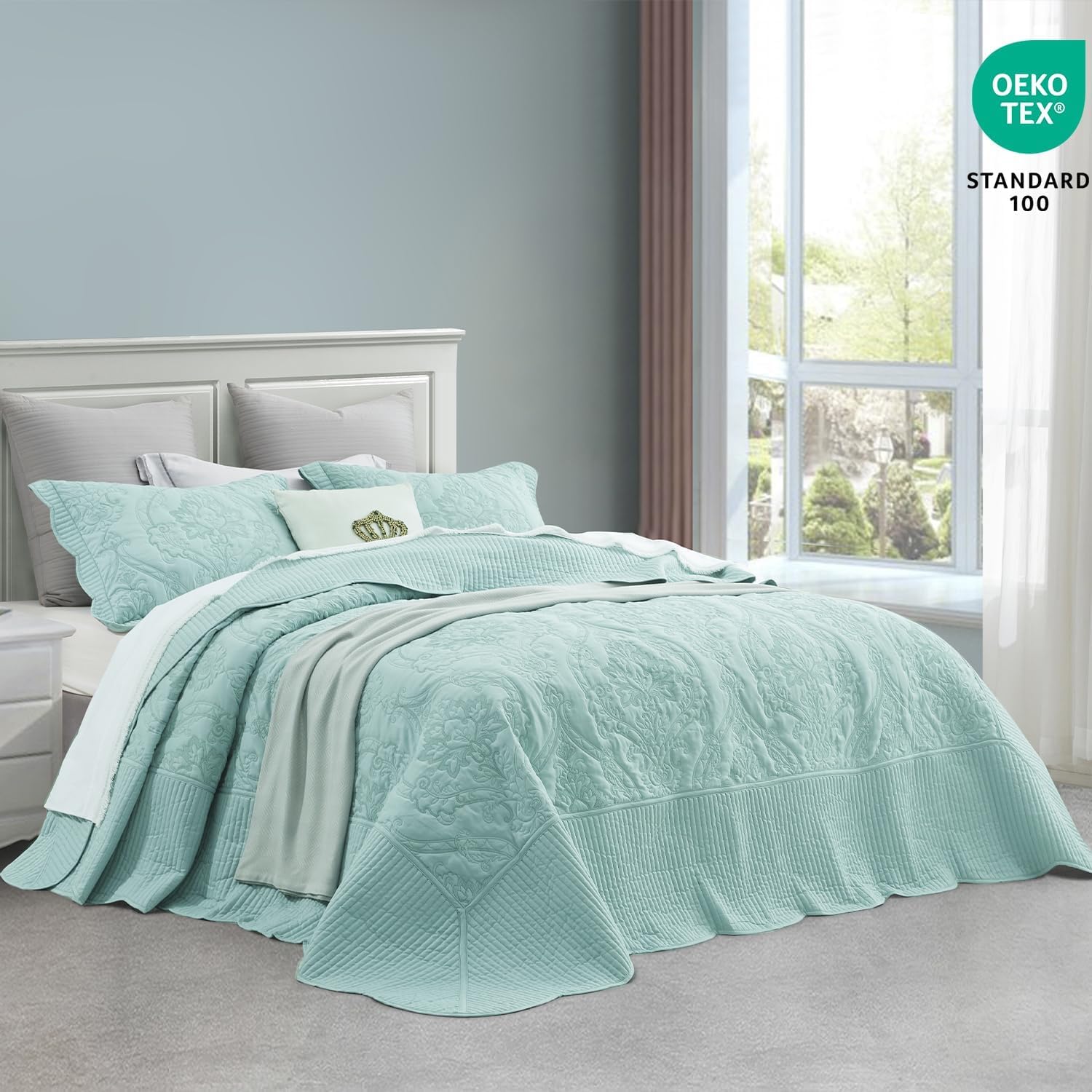 CHIXIN Oversized Bedspread Coverlet Set King Size - Lightweight Bedding Cover - Beautiful Stitching - 5 Piece Reversible Bedspread - Gorgeous Damask Paisley Pattern (King, Seaglass)