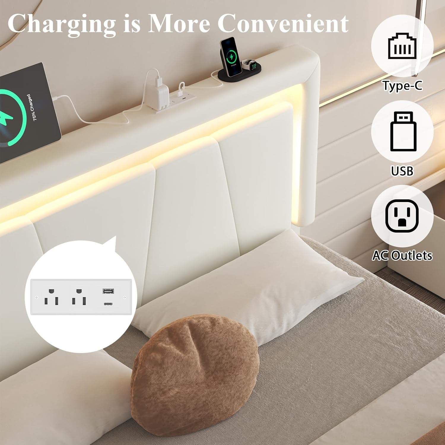 LoVinson Full Size Bed Frame with 4 Storage Drawers, Charging Station and LED Light, Adjustable Upholstered Headboard, Noise-Free, No Box Spring Needed, Easy Assembly, White