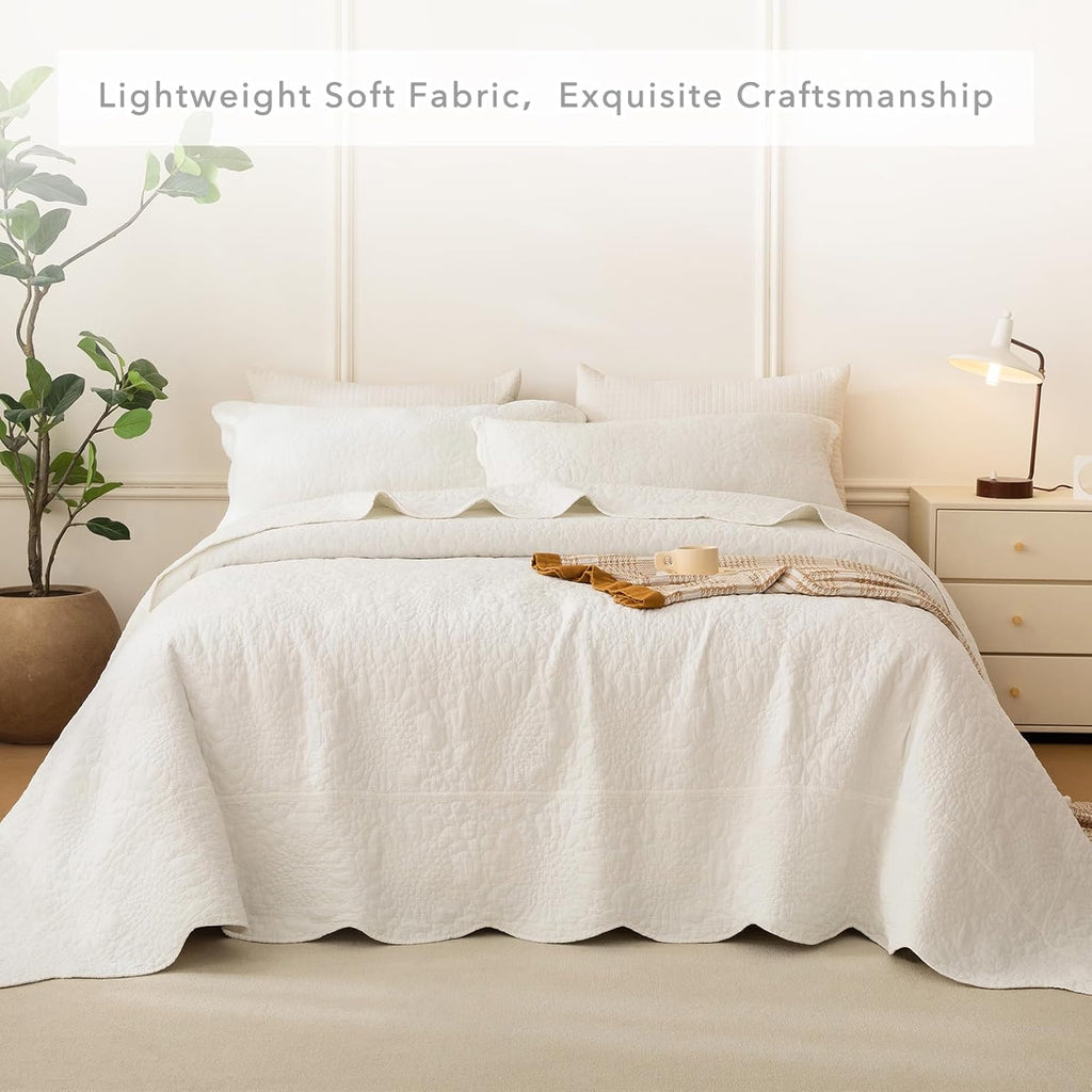 QSH Milk White Stonewashed Cotton Oversized King Bedspread (128'x120'),3PCs Farmhouse Rustic Wave Pattern Quilt California King, Soft Lightweight Crinkled Quilt Coverlet Bedding with Pillow Shams