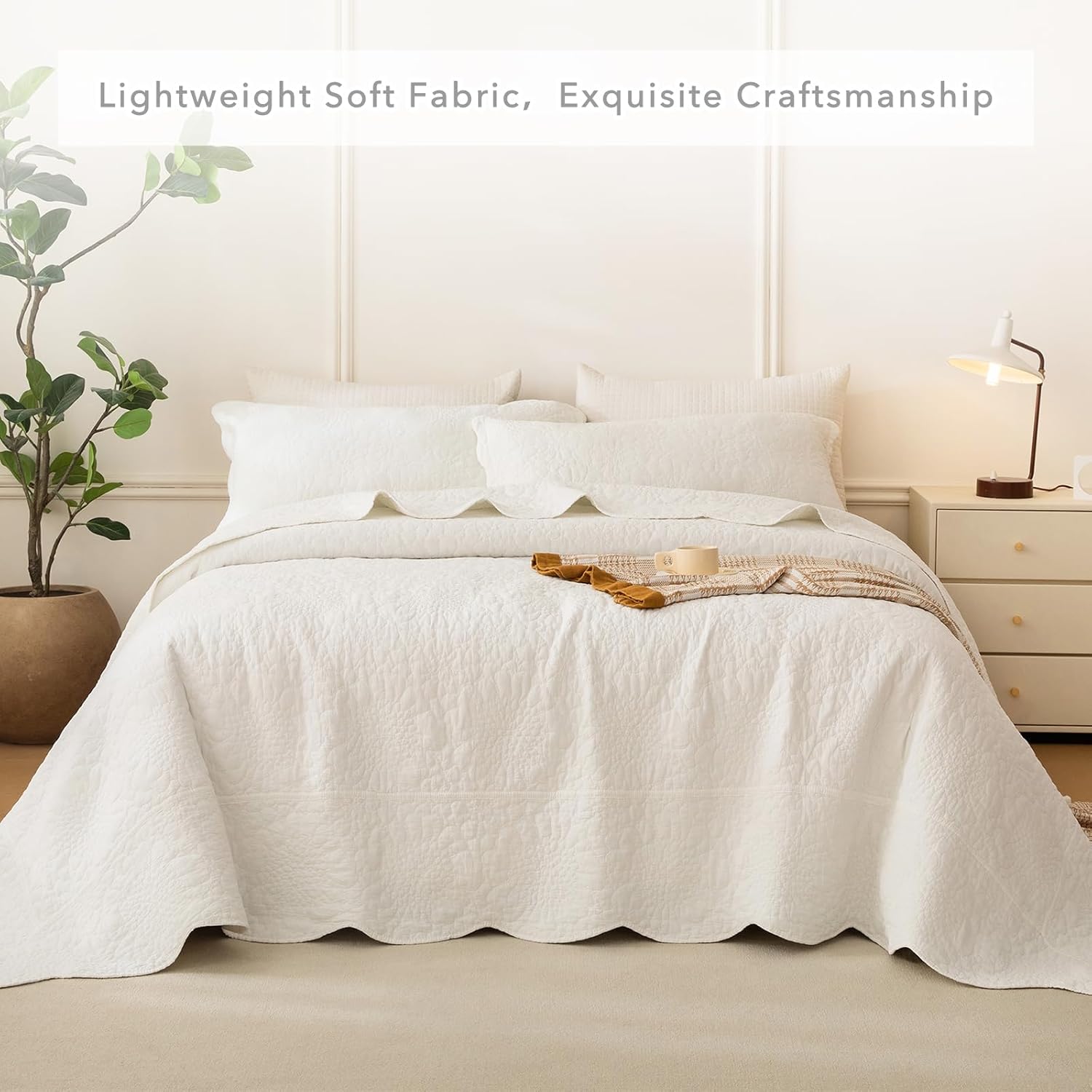 QSH Milk White Stonewashed Cotton Oversized King Bedspread (128'x120'),3PCs Farmhouse Rustic Wave Pattern Quilt California King, Soft Lightweight Crinkled Quilt Coverlet Bedding with Pillow Shams