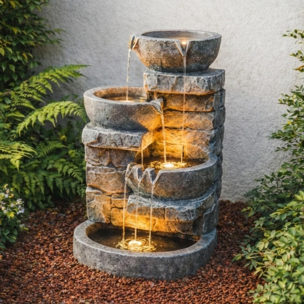 Teamson Home 33' Outdoor Water Fountain with LED Lights, 3-Tier Cascading Bowls, Weather-Resistant Resin Garden Water Feature for Patio, Lawn, and Backyard Decor – Stone Gray