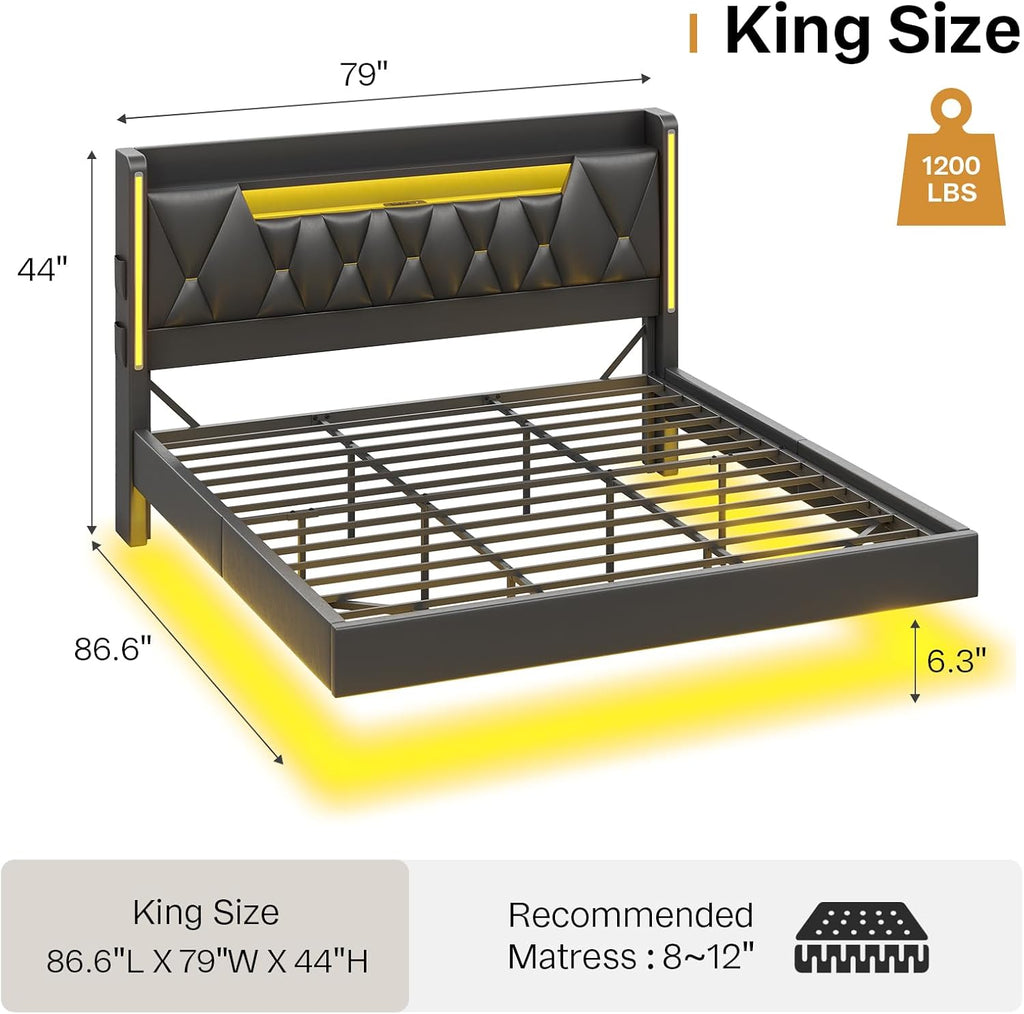 Dnxao King Size Floating Bed Frame with Storage Headboard, Tall 44' Upholstered Platform Bed with Charging Station, Dual-Zone LED Lights, No Box Spring Needed, PU Black