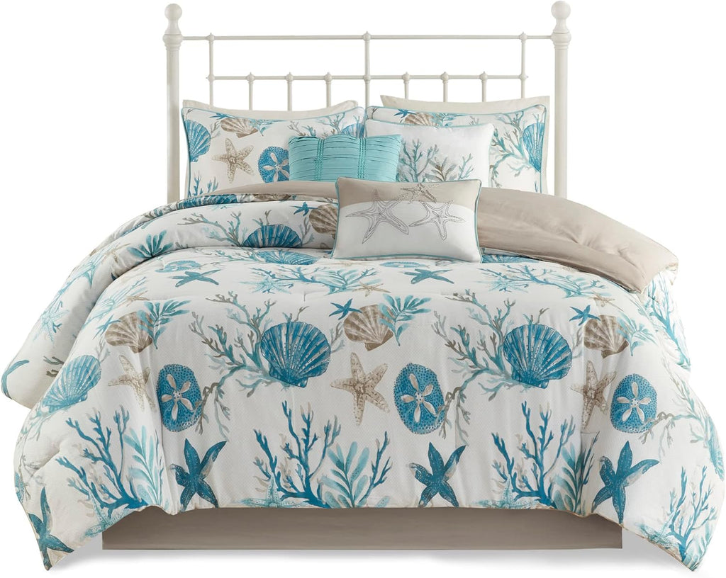 Madison Park Pebble Beach Pebble Beach 100% Cotton Comforter Set - Coastal Coral, All Season Down Alternative Cozy Bedding with Matching Shams, Decorative Pillow, Cal King(104'x92') Aqua 7 Piece