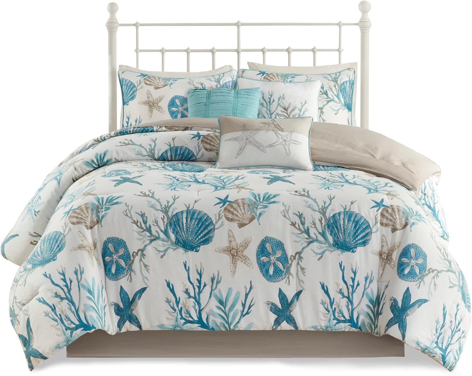 Madison Park Pebble Beach 100% Cotton Comforter Set - Coastal Coral, Starfish Design All Season Down Alternative Cozy Bedding with Matching Shams, Decorative Pillow, King(104'x92') Aqua 7 Piece