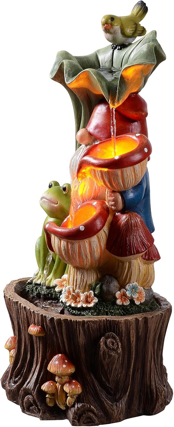 Kalona Gnome Outdoor Waterfall Fountain with LED Lights, Resin Tree Stump Waterfall Fountain for Patio Balcony Yard, 21' Tall Garden Water Feature 25007
