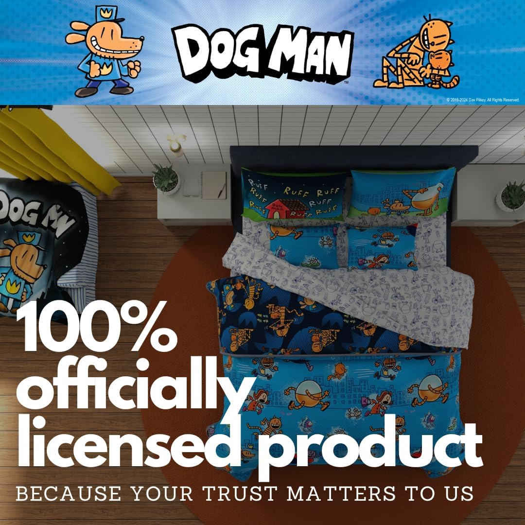 Dog Man Supa Buddies Book Kids Bedding Set, Queen Size 7 Piece Set Super Soft Cozy Reversible Comforter and Sheet Set with Sham, (Officially Licensed Product) by Franco