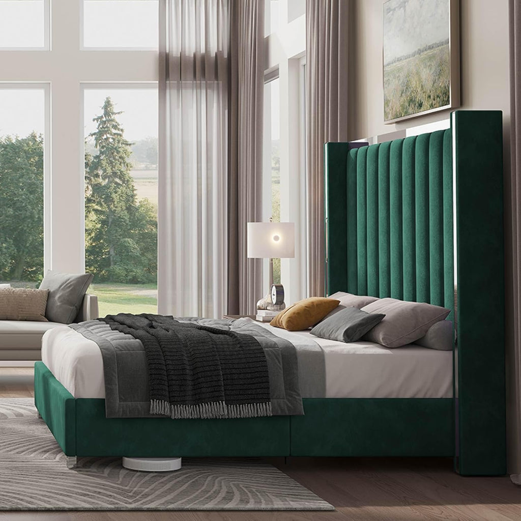 Jocisland Bed Frame with 58' Tall Headboard, Platform Velvet Upholstered Bed with Channel Tufted Wingback Headboard and Plating Trim, No Box Spring Needed, Green, Queen