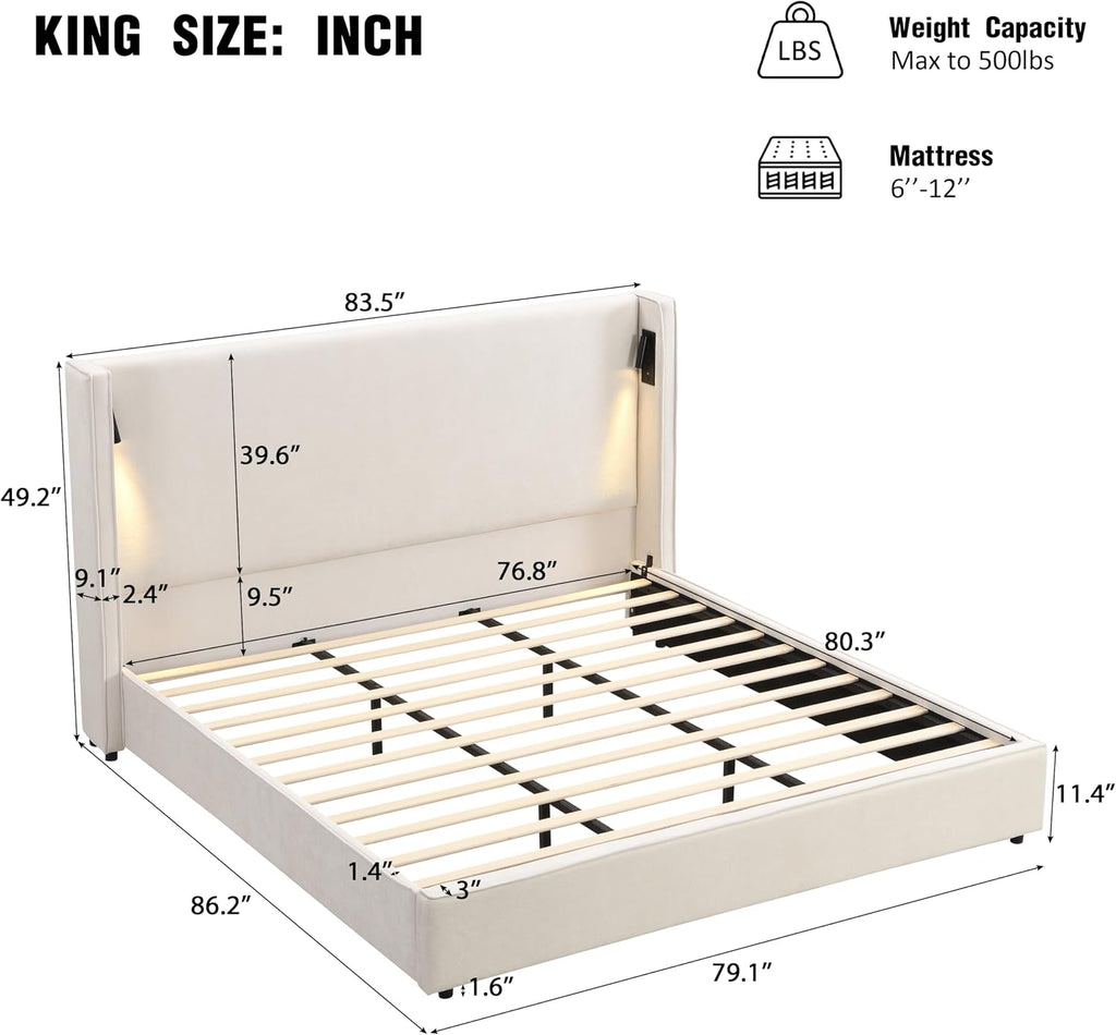 JIVOIT King Size Platform Bed, Upholstered Bed Frame with High Wingback Headboard, Retro Leg Design, Wood Slats Support, No Box Spring Needed