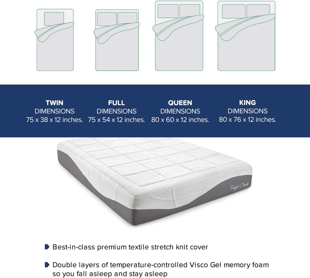 Perfect Cloud Elegance Queen Mattress, 12 Inch Gel Memory Foam Mattress in a Box, Cooling Pressure Relief Bed with Motion Isolation & Charcoal Support Foam, Made in USA